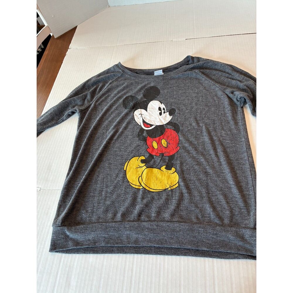 Disney Mickey Mouse JUNIORS L 11/13 Gray Long Sleeve Distressed Graphic Top
